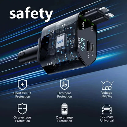 Cellmall 4-in-1 Fast Car Charger - Retractable Type-C & Lightning Cables | 3.1A Dual USB | iPhone Samsung Xiaomi Huawei