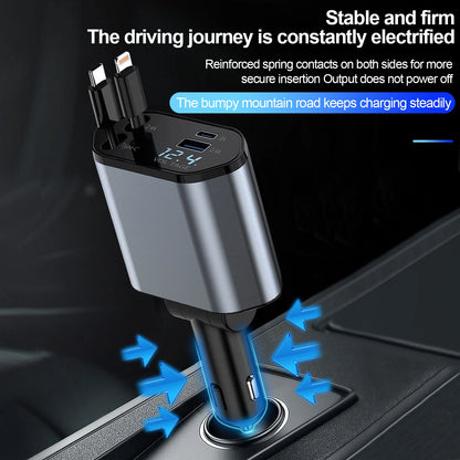 Cellmall 4-in-1 Fast Car Charger - Retractable Type-C & Lightning Cables | 3.1A Dual USB | iPhone Samsung Xiaomi Huawei