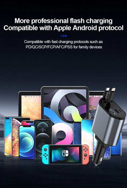 Cellmall 4-in-1 Fast Car Charger - Retractable Type-C & Lightning Cables | 3.1A Dual USB | iPhone Samsung Xiaomi Huawei