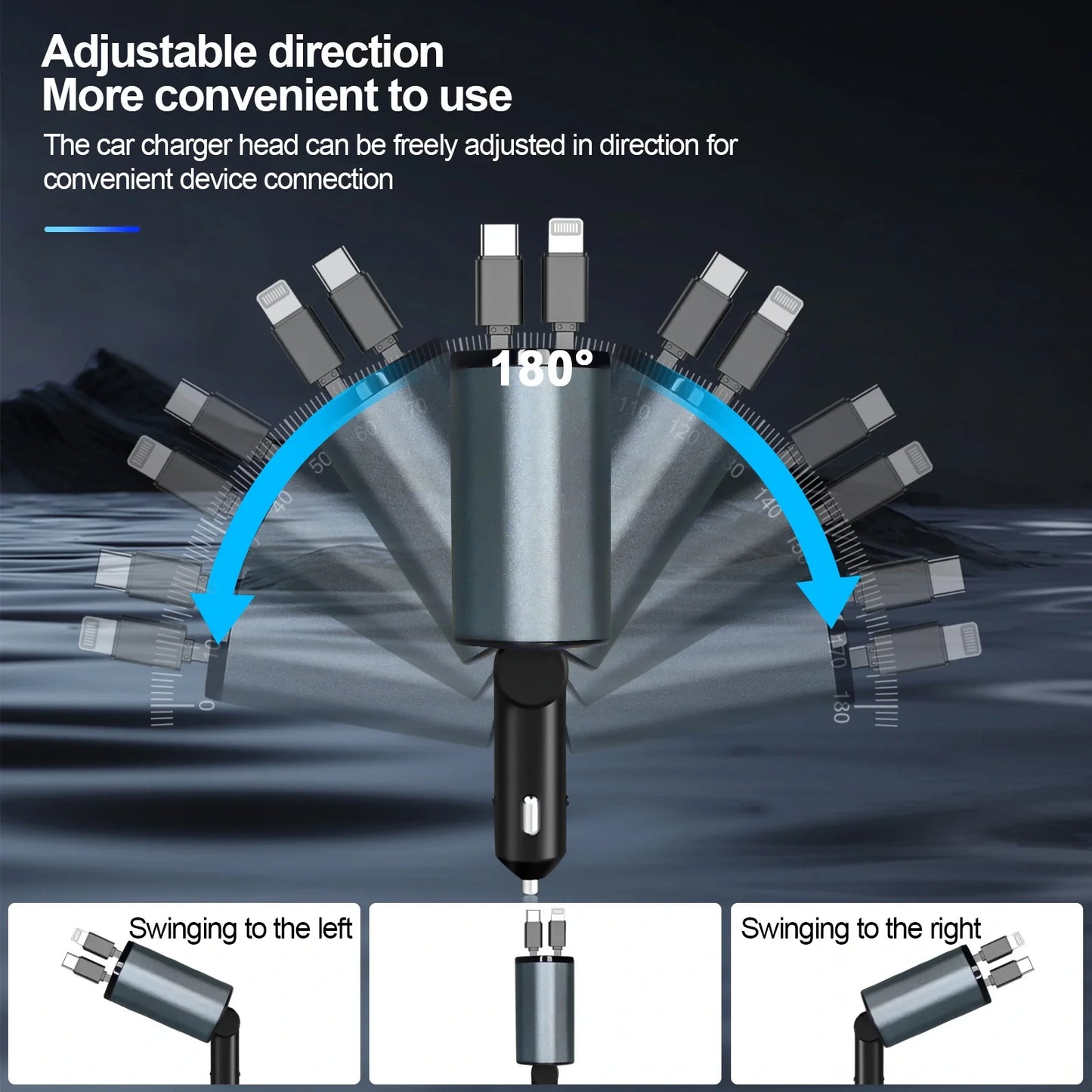 Retractable car charger pakistan - Type-C and Lightning built-in cables