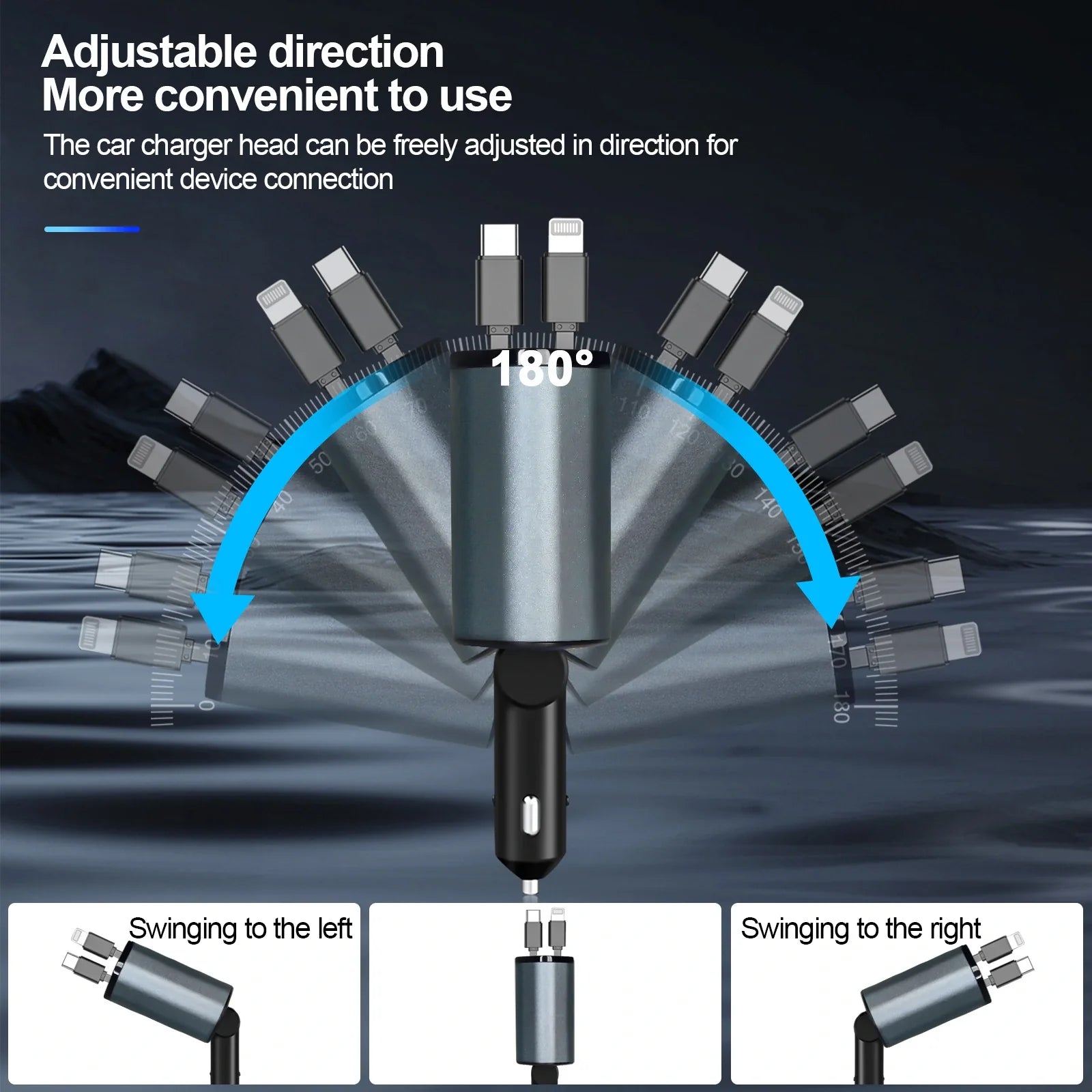 Retractable car charger pakistan - Type-C and Lightning built-in cables
