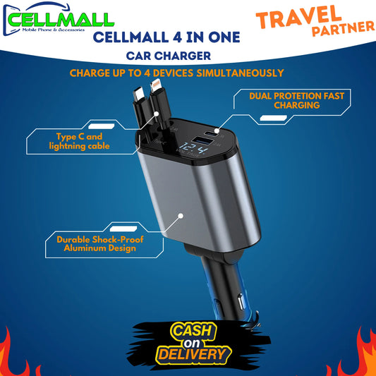 4-in-1 Fast Car Charger – Retractable with Built-in Type-C &amp; Lightning Cables | For iPhone, Samsung, Xiaomi, Huawei – Cellmall.pk