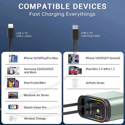 Cellmall 4-in-1 120W Retractable Fast Car Charger with RGB + Star Projector | Built-in Type-C &amp; Lightning Cables | Dual Fast Charging