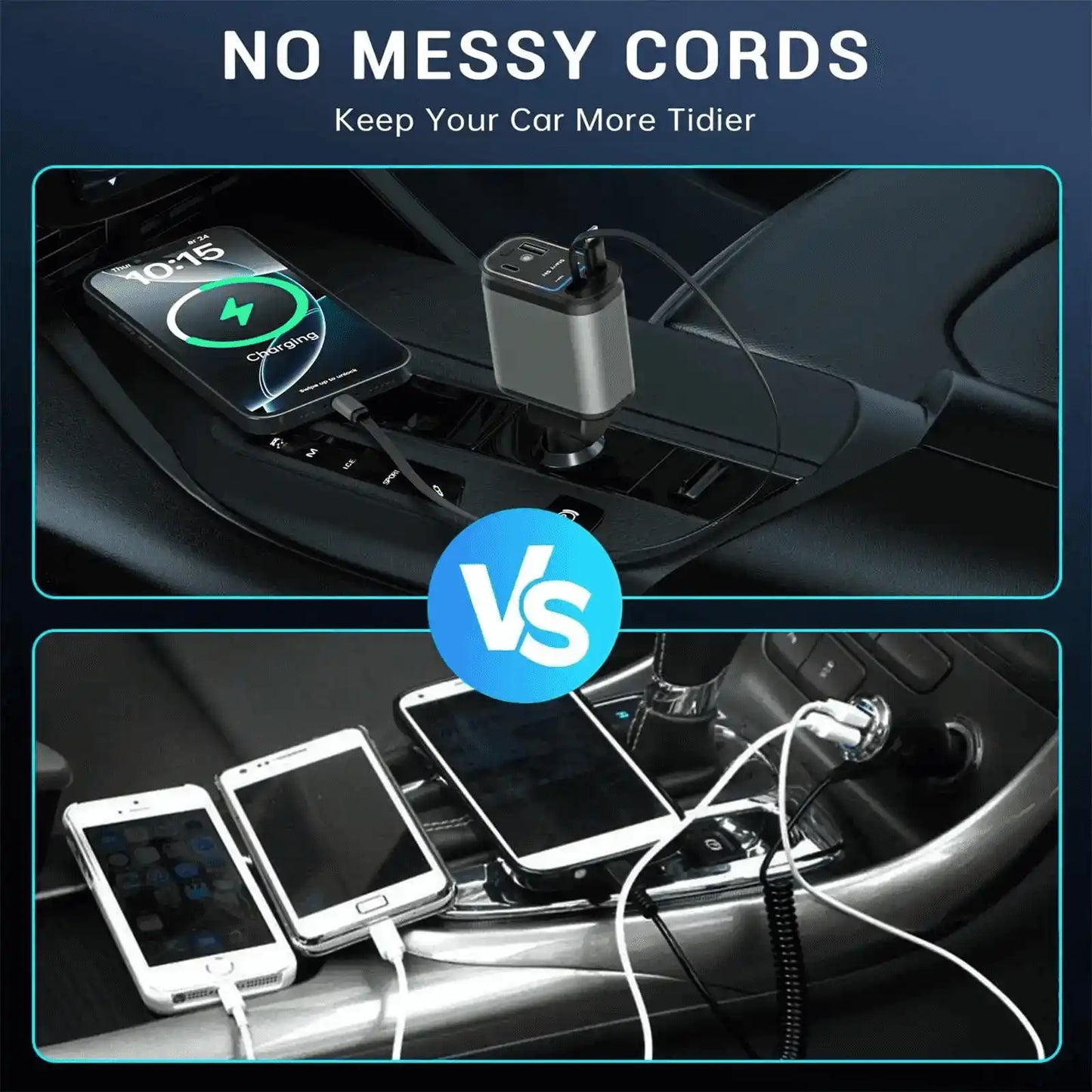 Cellmall 4-in-1 120W Retractable Fast Car Charger with RGB + Star Projector | Built-in Type-C &amp; Lightning Cables | Dual Fast Charging