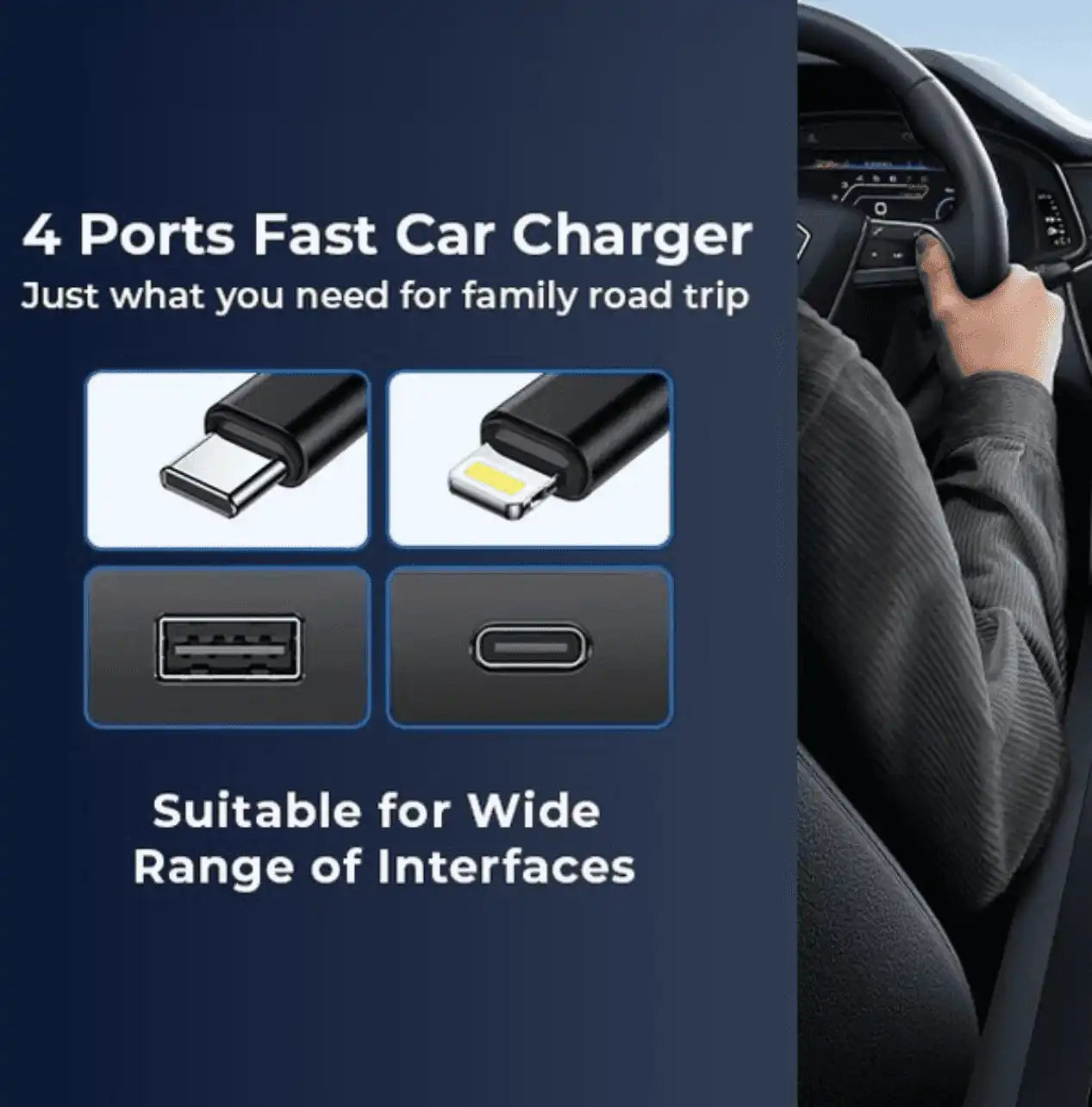 Cellmall 4-in-1 120W Retractable Fast Car Charger with RGB + Star Projector | Built-in Type-C &amp; Lightning Cables | Dual Fast Charging