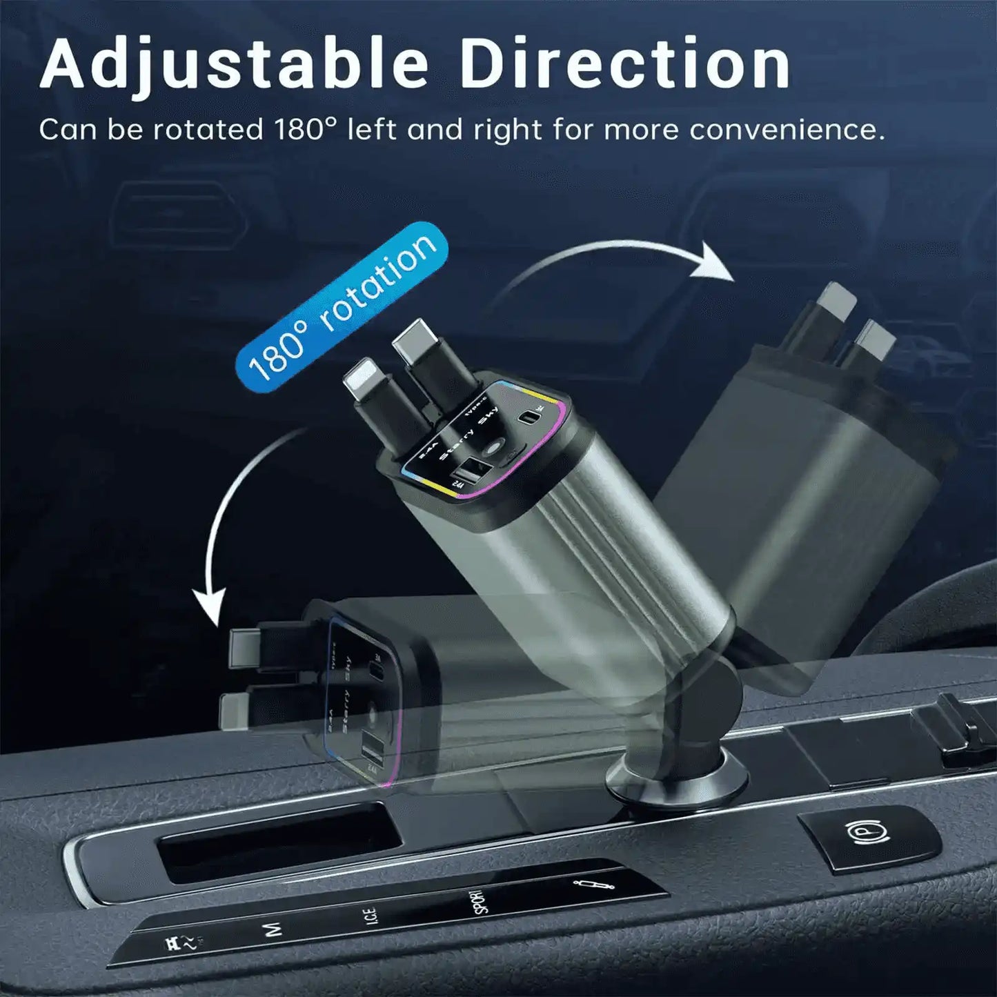 Cellmall 4-in-1 120W Retractable Fast Car Charger with RGB + Star Projector | Built-in Type-C &amp; Lightning Cables | Dual Fast Charging