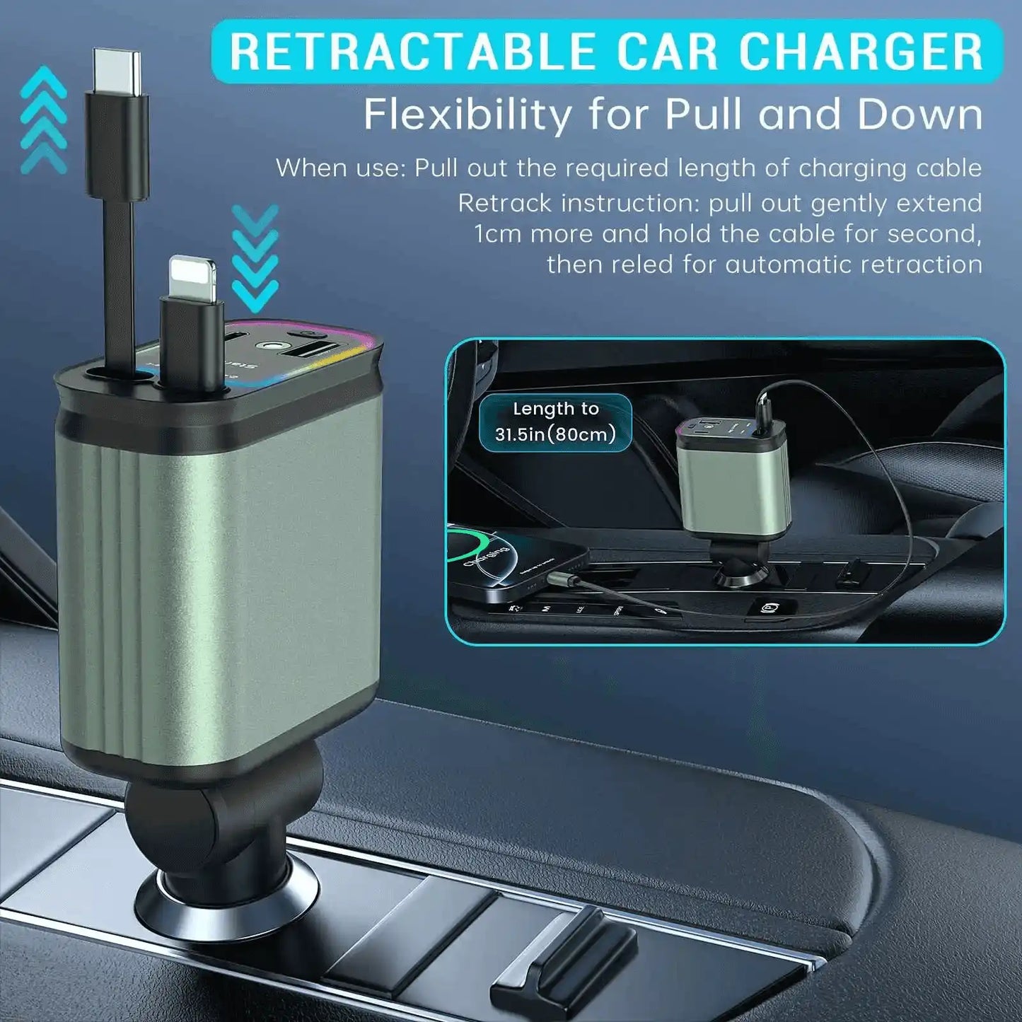 Cellmall 4-in-1 120W Retractable Fast Car Charger with RGB + Star Projector | Built-in Type-C &amp; Lightning Cables | Dual Fast Charging