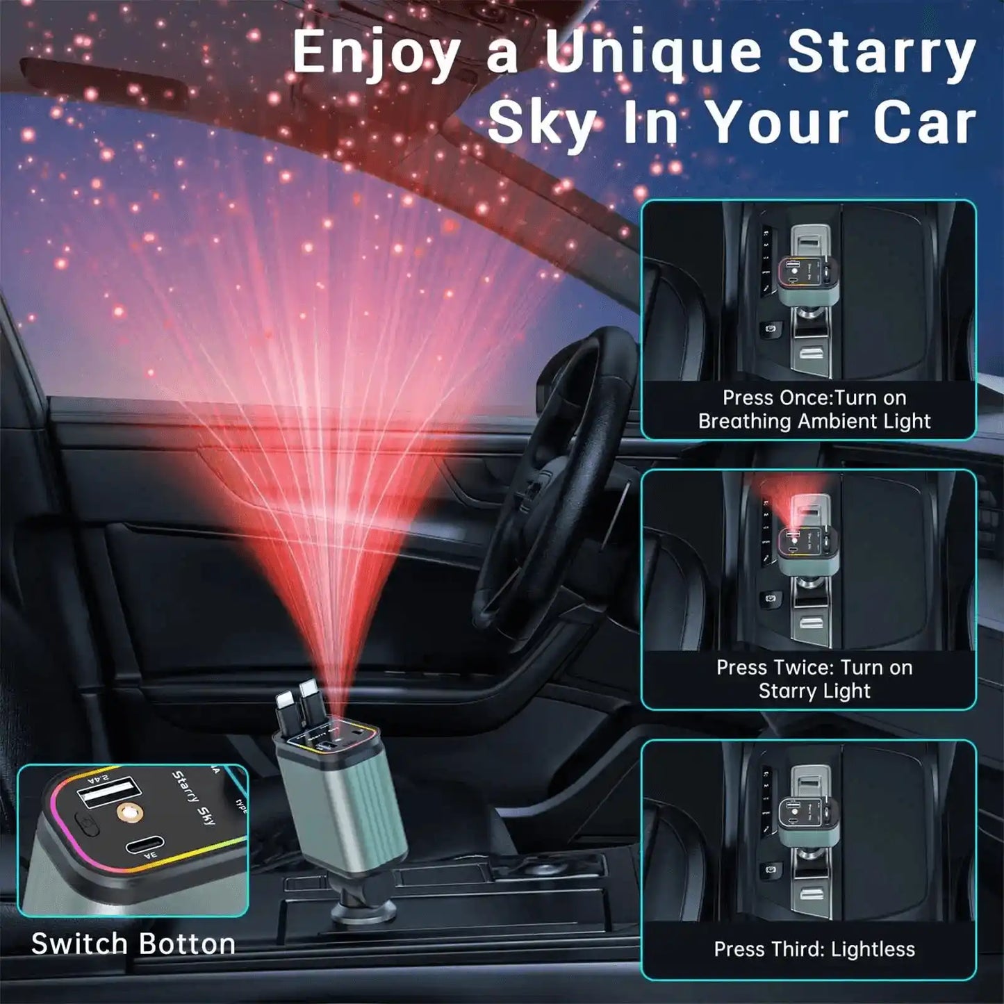 Cellmall 4-in-1 120W Retractable Fast Car Charger with RGB + Star Projector | Built-in Type-C &amp; Lightning Cables | Dual Fast Charging